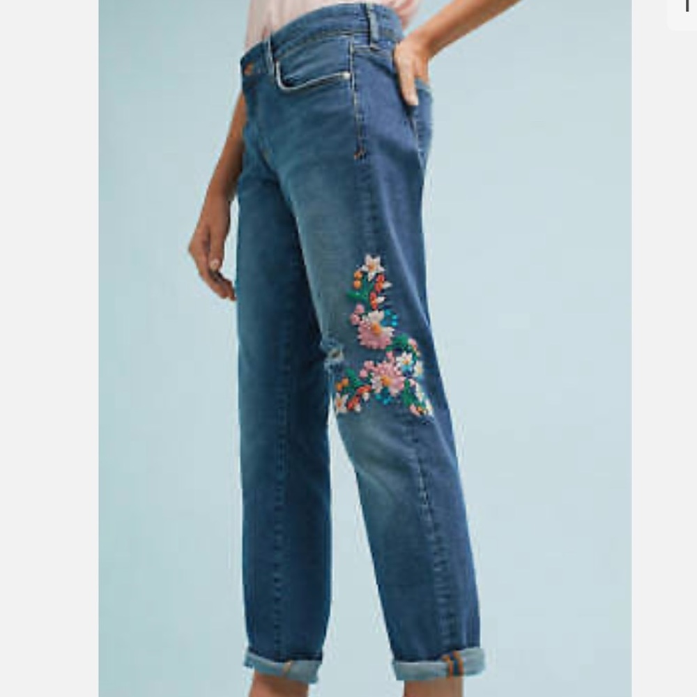 Anthropologie Pilcro Floral Embroidery Mid Rise Straight Leg Boyfriend Jeans - Picture 3 of 10